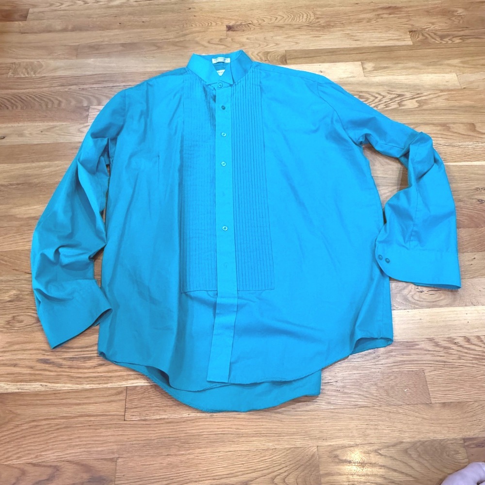 Vintage Chaplin Mens Teal Blue Pleated Bib Tuxedo Shirt Wing Tip Collar XL 36-37